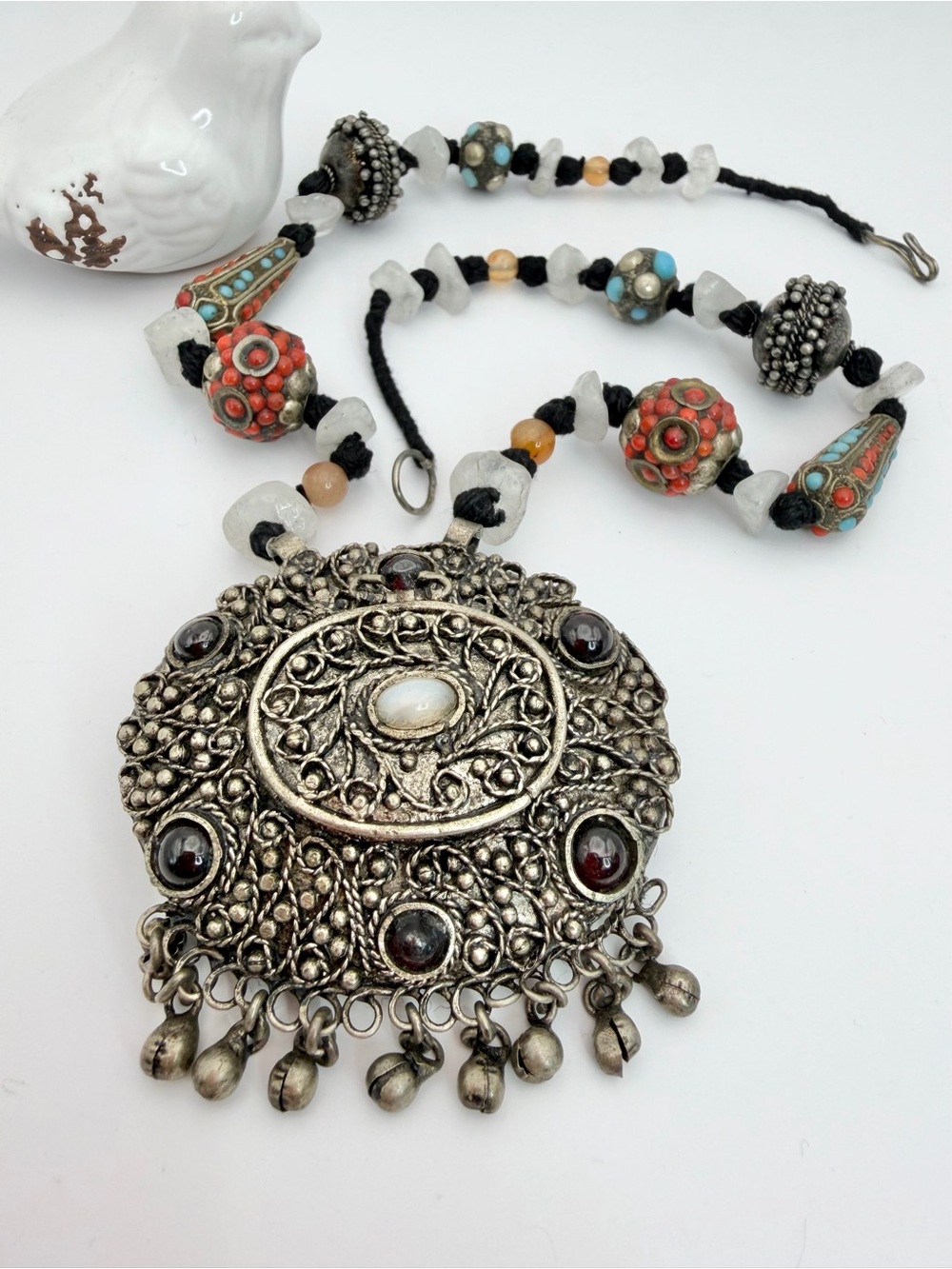 Bohemian Silver-Tone Filigree Pendant Necklace with Red and Turquoise Beads